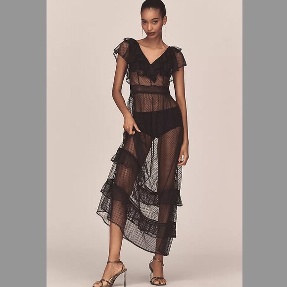 By Anthropologie Ruffle Sheer Mesh Maxi Dress - Black - Women's Small - Picture 1 of 5